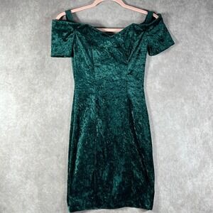 Vintage Marnie West Dress Womens Small Green Crushed Velvet Off Shoulder 80s 90s